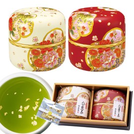 Gift YaMETea with Gold Leaf Red & White Pattern, 2 Types of Tea Canisters, Senior Sencha and Deep Mushi Tea, 2.1 oz (60 g) Each, Iwasakien Tea Made in Fukuoka Prefecture, Sencha, Deep Mushi Tea, Tea