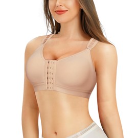 Bafully Women Post-Surgical Sports Support Bra Front Closure with Adjustable Straps Wirefree Racerback (Beige, 2XL)