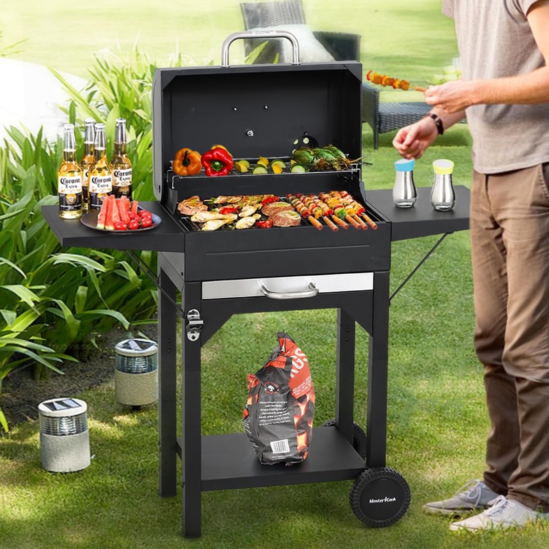 MASTER COOK Charcoal Grill with Two Side Tables, Heavy-duty Steel