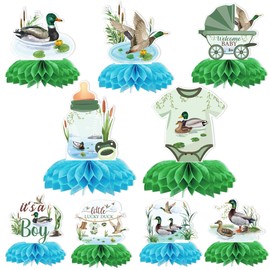 Mallard Duck Baby Shower Decorations, 9 Pcs It's a Boy Honeycomb Centerpieces with Welcome Baby Boy Designs, Woodland Duck Themed Party Supplies for Dessert or Gift Table