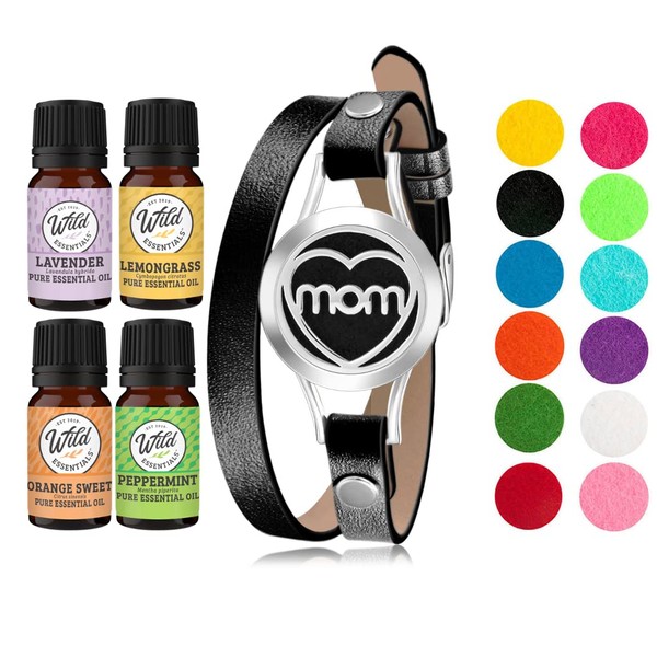 Wild Essentials MOM Essential Oil Leather Wrap Bracelet Diffuser Kit, Gift Set, Lavender, Lemongrass, Peppermint, Orange Oils, 12 Pads, Customizable Color Changing Perfume Jewelry, Aromatherapy