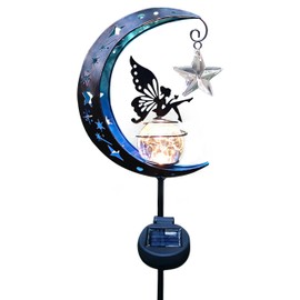 JoyEvy Outdoor Moon with Fairy Solar Light Garden Stake-34 Inch Fairy Garden Gifts Decor for Outside Lawn- Solar Lights Crackle Glass Globe Patio Landscape Pathway Decorations