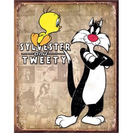 Desperate Enterprises Tweety & Sylvester Retro Tin Sign - Nostalgic Vintage Metal Wall Decor - Made in USA