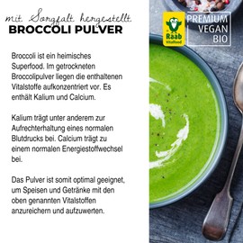 Raab Vitalfood Bio Broccoli Pulver, 100% Brokkoli-Pulver ohne Zusätze, enthält Kalium und Calcium, ideal für grüne Smoothies & Suppen, vegan, glutenfrei, 1x 230 g Dose