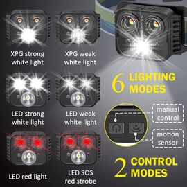 ayamaya Headlamp Rechargeable Head Lamps 500 Lumens Super Bright 6 Modes with Sensor -2 Pack Waterproof USB Headlights with Red Flashlight and Warning Light for Night Running Camping Cycling Fishing
