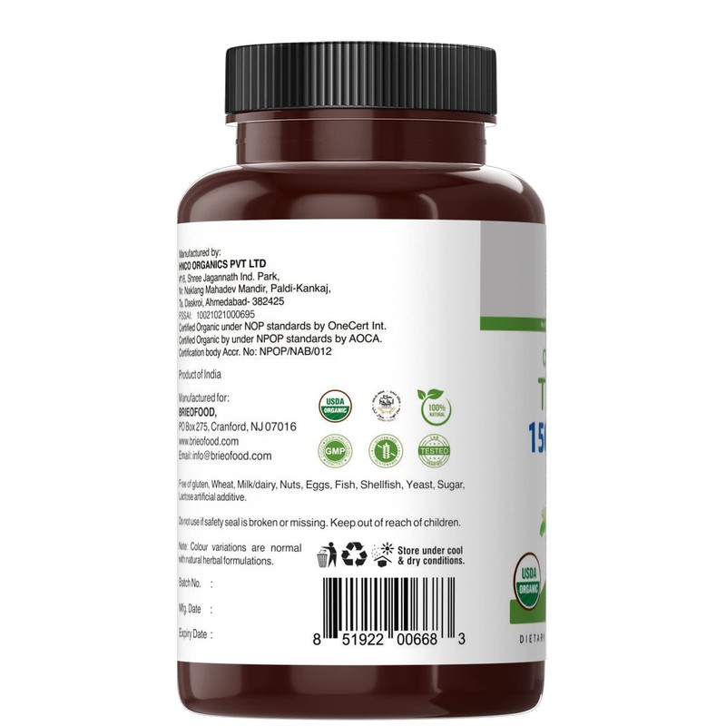 Brieofood Organic Tulsi (Holy Basil) 1500mg, 45 Servings, Vegetarian, Gluten