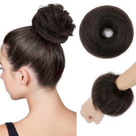 TESSHAIR Thick Human Hair Messy Bun, 100% Real Hair Bun Extensions for Women, Wavy, 25g, #Natural Black