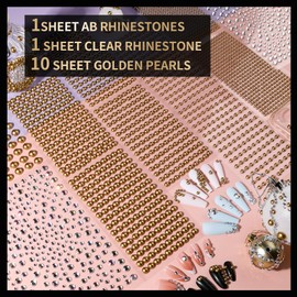 Teenitor Hair Gems and Pearls for Crafts and Makeup - 2582Pcs Gold Pearls in Sizes 3/4/5/6/8mm