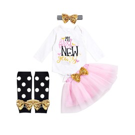 Wexuua My First New Year Outfits Baby Girl Ruffled Bodysuit + Tutu Skirt + Stripe Leg Warmers + Headband Newborn New Year Set