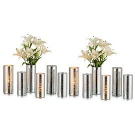 Silver Mercury Glass Cylinder Vase: Set of 12 Glasseam Floating Candle Vases for Centerpieces Deocrative Modern Vase for Flowers Hurricane Pillar Candle Holders for Table Centerpiece Wedding Decor