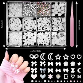3D Nail Charms, Pink Color White Bow Heart Star Moon Rose Flower Nail Art Charms Shiny AB Rhinestones with Pealrs Silver Gold Nails Studs for Nails DIY