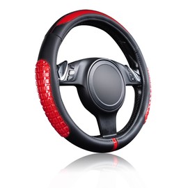 Flying Banner car Steering Wheel Cover Gel Massage Velvet Cool Warm Universal Size 15 inches SUV Truck Anti Slip Odorless Summer Winter (Black Red, Gel Massage)