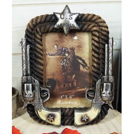 Ebros Gift Rustic Western Wild West US Marshall Dual Pistol Revolver Guns with Braided Lasso Ropes Picture Frame with Easel Back Stand Cowboy Cowgirl Desert Old World Themed Accent (6"X4"Photo)
