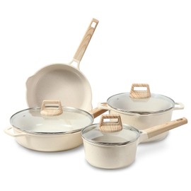 ESLITE LIFE Nonstick Cookware Sets, 7 Pcs Ceramic Coating Pots and Pans Set Kitchen Cooking Set, Compatible with All Stovetops (Gas, Electric & Induction), PFOA Free, White