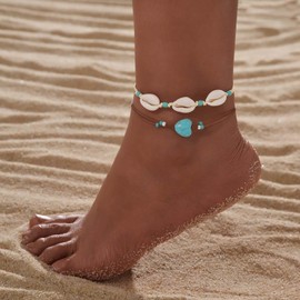 Erimberate Bohemian Layered Cowrie Shell Ankle Bracelet Turquoise Heart Anklet Chain Heart Turquoise Anklet Brown Woven Rope Anklets Adjustable Shell Anklets Summer Beach Foot Chain Jewelry