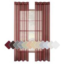 MIULEE 2 Panels Voile Curtains Sheer Cross Linen-like Solid Color Contemporary Decorative Ring Top Eyelet Panels for Bedroom Livingroom Nursery Room 55" Wx63 L Red