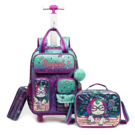 Inprof Unicorn Rolling Backpack for Girls, Wheels Backpacks for Elementary Student, Kids Wheeled Trolley Trip Luggage with Adjustable Handle