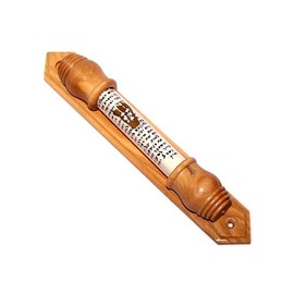 Holy Land Market Gold Shin with Sealed Glass in Olive Wood Mezuzah (19cm or  7.5 inches) Comes with Scroll Inside
