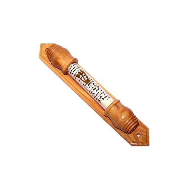 Holy Land Market Gold Shin with Sealed Glass in Olive Wood Mezuzah (19cm or  7.5 inches) Comes with Scroll Inside