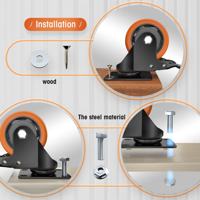ASRINIEY Casters, 3" Caster Wheels, Orange Polyurethane Castors, Top Plate
