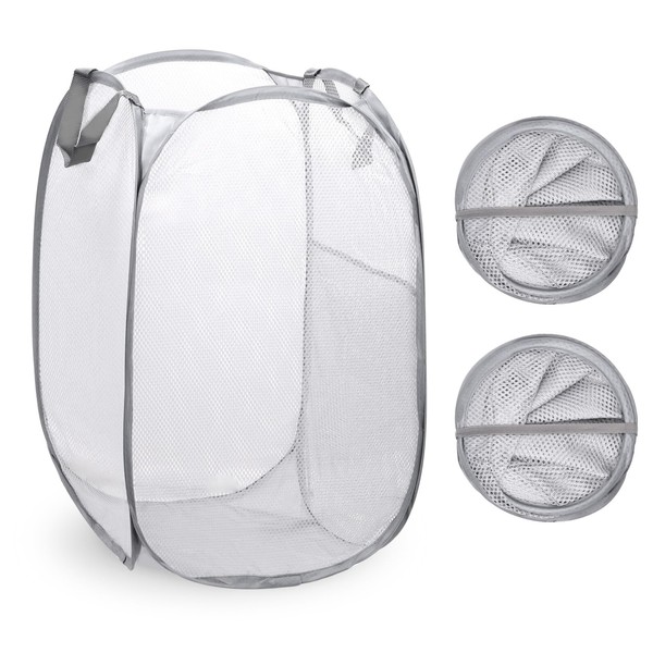 Rustark 2Pcs Gray Mesh Pop Up Laundry Hampers Foldable Lightweight
