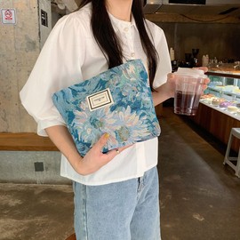 Makeup Bag for Women,Large Floral Canvas Cosmetic Bags Travel Toiletry Bag Organizer Zipper Storage Pouch,Blue Chrysanthemum