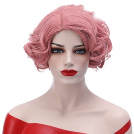 BERON Short Curly Wig Natural Wavy Wigs for Cosplay Costume Party Come with Wig Cap (Lovely Pink)