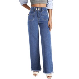 Astylish Womens Pull On Jeans High Waisted Wide Leg Baggy Jean for Women Stretch Vintage Double Button Frayed Hem Denim Pants with Patch Pockets Size 16 Ashleigh Blue