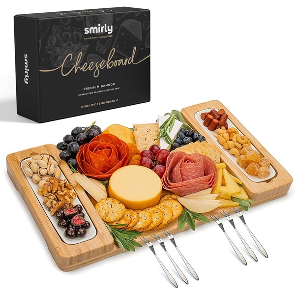 SMIRLY Charcuterie Boards Gift Set: Large Charcuterie Board Set, Bamboo Cheese Board Set - Unique Christmas Gifts for Women - House Warming Gifts New Home (2 Serving Trays)