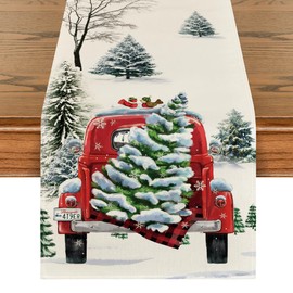 Artoid Mode Watercolour Truck Trees Christmas Table Runner Seasonal Winter Kitchen Table Decoration Indoor Holiday Party Decor 40 x 140 cm