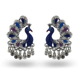 Peacock Tassel Earrings, Peacock Bird Tassel Dangle Earrings for Women, Bohemian Phoenix Peacock Statement Fringe Earrings Punk Boho Jewelry, Vintage Peacock Linear Tassel Drop Earrings (Silver)