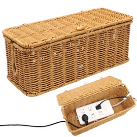 MIUUIPI Handmade Cable Box, Rattan Cable Management Box, Under Desk Cable Organiser Box for TV Wires, Power Strip, Tangle Hide Desk, Socket Box for Home, Office