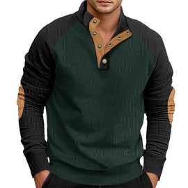 ONLYSTORY Men's Winter Fleece Corduroy Sweatshirt Patchwork Long Sleeve Stand Lapel Collar 1/4 Button Pullover Warm Sweater with Elbow Patches Green Black, 2XL