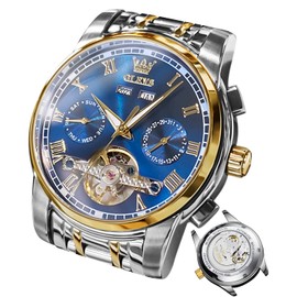 OLEVS Men's Watches Automatic Gold Black Mechanical Watch with Tourbillon Calendar, Waterproof Luminous, Two-Tone Watch, Blue/Gold, Bracelet