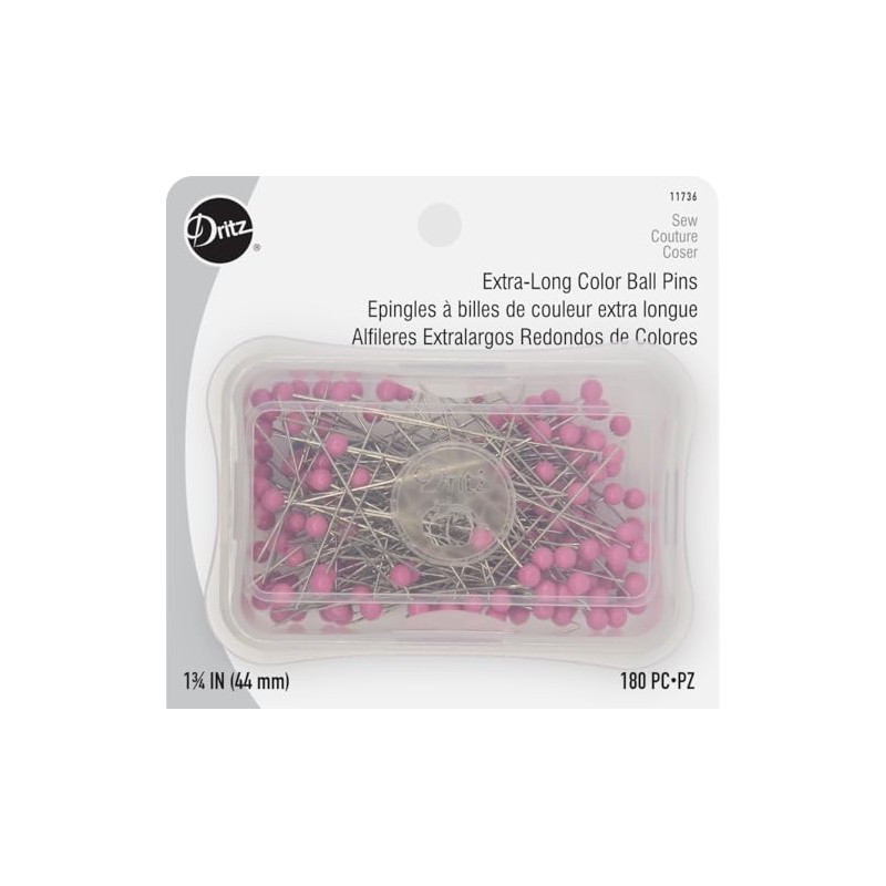 Dritz 1-3/4" Extra-Long Color Ball Straight Pins, 180 Count, Pink