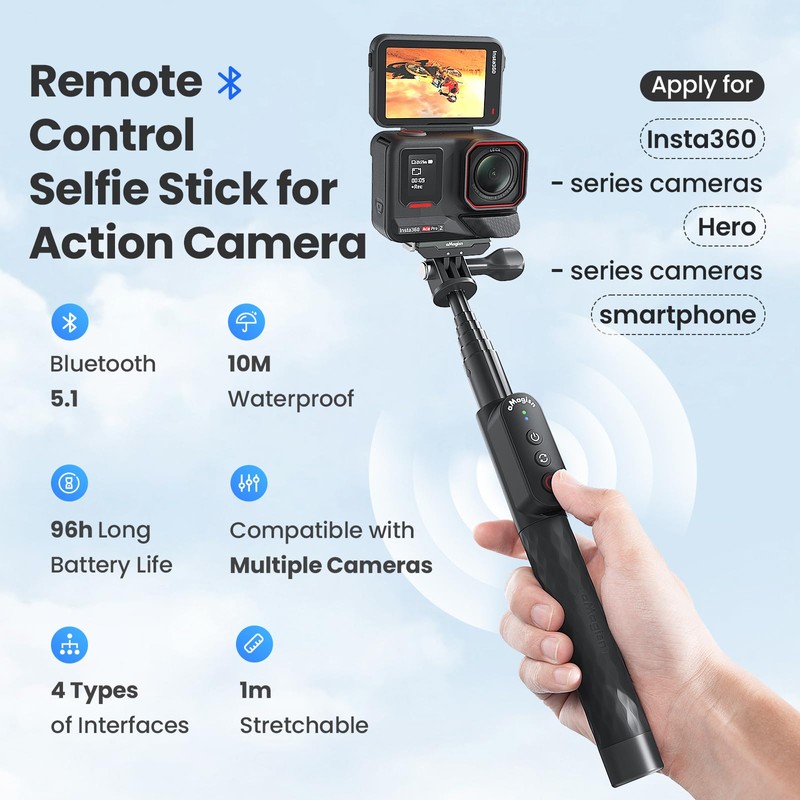 Aovee Remote Control Selfie Stick 100CM Stretchable Compatible with Insta360/Gopro