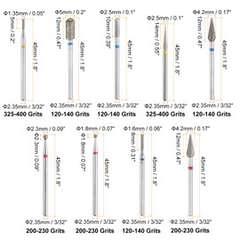 HARFINGTON 9pcs Diamond Grinding Bit Set 1.35/1.6/1.8/2.3/2.5/4.2/5mm 2.35mm Shank Stone Sanding Drill Bits Rotary Tool for Ceramic Glass Nails Grinding Polishing