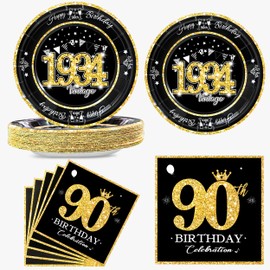 algpty - Juego de 60 platos y servilletas clásico de cumpleaños de 1934, decoraciones de 90 cumpleaños, color negro y dorado, servicio para suministros de fiesta de cumpleaños 30, 90, platos y
