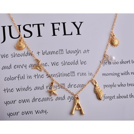 Initial Charms Necklace for Womens Shell Letter Necklace Gold Charms Seashell Starfish Choker Necklace Cute Fishtail Conch Pearl Sun Trendy Boho Summer ocean Beach Jewelry (Letter K Necklace)