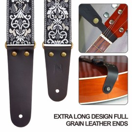 Nefelibata Guitar Strap, 2" Jacquard Embroidery Guitar Straps, Full Grain Leather Ends with Hidden Pocket, for Bass, Electric and Acoustic Guitars, Free Buckle, Strap Lock and Guitar Picks