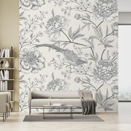 MUDECOR Wall Mural Sketch Floral Detailed Flowers and Birds in Black and White Not Peel and Stick, Non-Woven Wallpaper Wall Decoration for Bedroom Living Room - 132"x96"