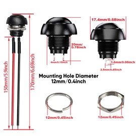 6-Pack 12mm Momentary Push Button Switch 1/2" Mounting Hole On Off Mini Round Waterproof with Pre-soldered Wires PBS-33B, White
