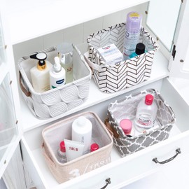 LessMo Pack of 4 Fabric Storage Baskets, Organiser with Handles, Foldable Waterproof, 100% Linen & Cotton Fabric Storage Containers, Storage Baskets, Suitable for Desktop Storage and Household Organiser