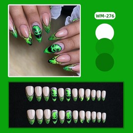 24Pcs Goth Press on Nails Medium Almond French Tip Fake Nails Horror Monster with Black Castle Design Horror Green Full Cover Artificial Glue on Nails Goth False Nails for Women Acrylic Manicure DIY