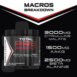 SCI-MX - Total Pre Workout - Blue Raspberry Flavour - 2500mg Beta Alanine • 3000mg Citrulline Malate • 200mg Caffeine • Niacin for Fatigue - 200g