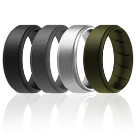 ROQ Silicone Rubber Wedding Ring for Men, Comfort Fit, Men's Wedding Band, Breathable Rubber Engagement Ring/Band, Step Edge, 8mm Wide 2mm Thick, 4 Pack, Black, Grey, Silver, Olive Green, Size 13