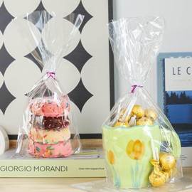 NPLUX 100 Pack Cellophane Bags,Clear Flat bottom Cellophane Treat Bags with 100 Pack Twist Ties for Candy Popcorn Cookie Small Gift Wrapping（6×9×2.4 Inches