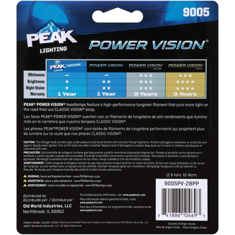 PEAK Power Vision Automotive Performance Headlamp, 9005 HB3, 2 Pack