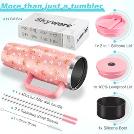 40 oz Tumbler with Handle and Straw, 2 Lids (2 in 1 & LeakProof Lid) - Vacuum Insulated Stainless Steel Double Wall Water Bottle Travel Mug - Holiday Gifts for Women Men - Flower Tiger