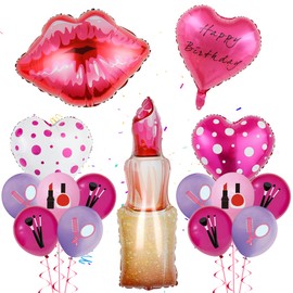 Spa Makeup Party Decorations Balloons - 11 Pieces Makeup Balloons, Lipstick, Red Lip, Pink Bow, Star, High Heels Foil Balloons for Girls Ladies Birthdays Bridal Showers Spa Party Makeup Theme Party